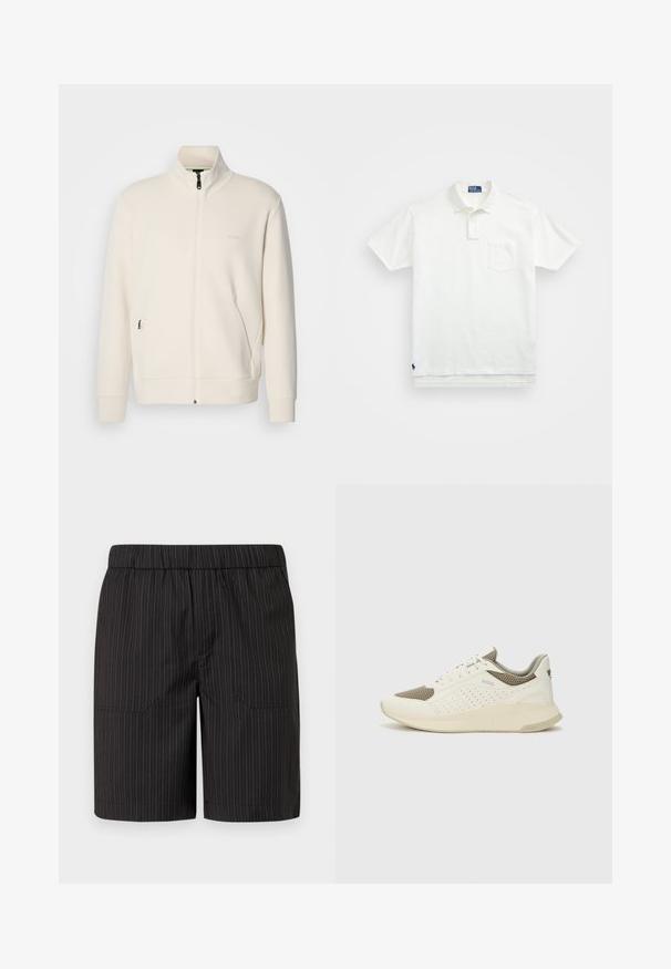 Giacca zip-up bianco sporco con colletto alto, maniche lunghe, tasche laterali e sottile logo "BOSS" sul lato sinistro del petto.; Polo bianco in cotone, con colletto classico, placca con tre bottoni e taschino sul lato sinistro del petto; piccolo logo sull'orlo.; Pantaloni corti neri con sottili righe verticali bianche, con vita elastica e due tasche laterali, realizzati in tessuto leggero e texture.; Sneaker atletica bianca e beige chiaro, con tomaia in mesh, dettagli perforati e una suola intermedia texturizzata con marchio sul tallone.