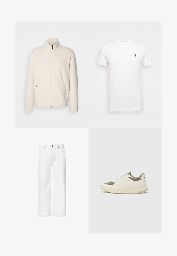 Off-white zip-up jack met staande kraag, lange mouwen, zijzakken en een subtiele "BOSS" logo op de linkerborst.; Witte katoenen t-shirt met een ronde hals. Heeft een klein donkerblauw logo op de linkerborst. Korte mouwen, soepele textuur.; Witte denim jeans met een rechte pasvorm, standaard vijf-pocket ontwerp en metalen knoopsluiting in de taille, met ton-sur-ton stiksel.; Witte en lichtbeige sport sneaker, met een bovenwerk van mesh, geperforeerde details en een gestructureerde tussenzool met branding op de hiel.