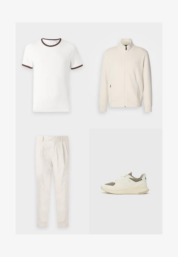 Off-white zip-up jack met staande kraag, lange mouwen, zijzakken en een subtiele "BOSS" logo op de linkerborst.; Witte T-shirt met korte mouwen, voorzien van een bruine ribbelboord rond de hals en mouwranden, gemaakt van zacht katoen. Eenvoudig en klassiek ontwerp.; Witte, geplooide broeken met een getailleerde pasvorm, met een gladde textuur, riemlussen en taps toelopende benen. Geen zichtbare zakken of patronen.; Witte en lichtbeige sport sneaker, met een bovenwerk van mesh, geperforeerde details en een gestructureerde tussenzool met branding op de hiel.