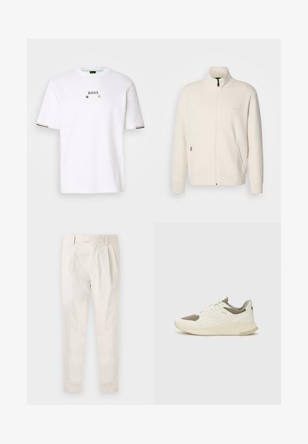 Off-white zip-up jacka med ståkrage, långa ärmar, sidofickor och subtil "BOSS"-logotyp på vänster bröst.; Vit bomulls-T-shirt med rund halsringning, som har ordet "BOSS" i metallisk tryck. Svarta och gyllene ränder på ärmsluten.; Vita, plisserade byxor med skräddarsydd passform, med en mjuk yta, bälteshängare och avsmalnande ben. Inga synliga fickor eller mönster.; Vit och ljusbeige atletisk sneaker med ett meshöverdrag, perforerade detaljer och en texturerad mellansula med varumärke på hälen.