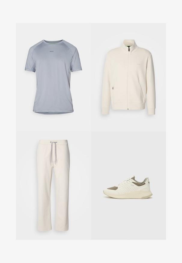 Off-white krūškurvja jaka ar uzacīšu apkakli, garām piedurknēm, sānu kabatām un diskrētu "BOSS" logo uz kreisā krūškurvja.; Gaiši pelēka sporta krekls ar īsām piedurknēm, izgatavots no elpojoša auduma, ar apaļu kakla izgriezumu, plakaniem šuvēm un nelielu "BOSS" logotipu priekšpusē.; Krēmkrāsas brīvā laika bikses ar auklu jostasvietā un taisnām kājām, attēlotas uz vienkārša balta fona.; Baltas un gaiši bež sporta apavi, ar sieta augšdaļu, perforētiem detaļām un teksturētu vidusdaļu ar zīmolu uz papēža.