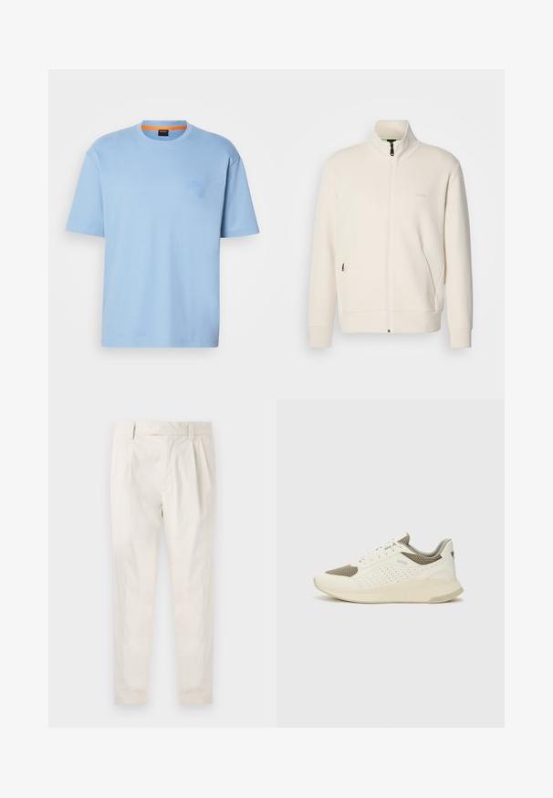 Off-white krūškurvja jaka ar uzacīšu apkakli, garām piedurknēm, sānu kabatām un diskrētu "BOSS" logo uz kreisā krūškurvja.; Gaiši zils īsām piedurknēm T-krekls ar apaļu kaklu, ar smalku logo uz krūts un oranžu akcentu kakla iekšpusē.; Baltas, pleitēts bikses ar piegriezumu, kas pielāgots figūrai, ar gludu tekstūru, jostas cilpām un sašaurinātiem galiem. Nav redzamu kabatu vai rakstu.; Baltas un gaiši bež sporta apavi, ar sieta augšdaļu, perforētiem detaļām un teksturētu vidusdaļu ar zīmolu uz papēža.