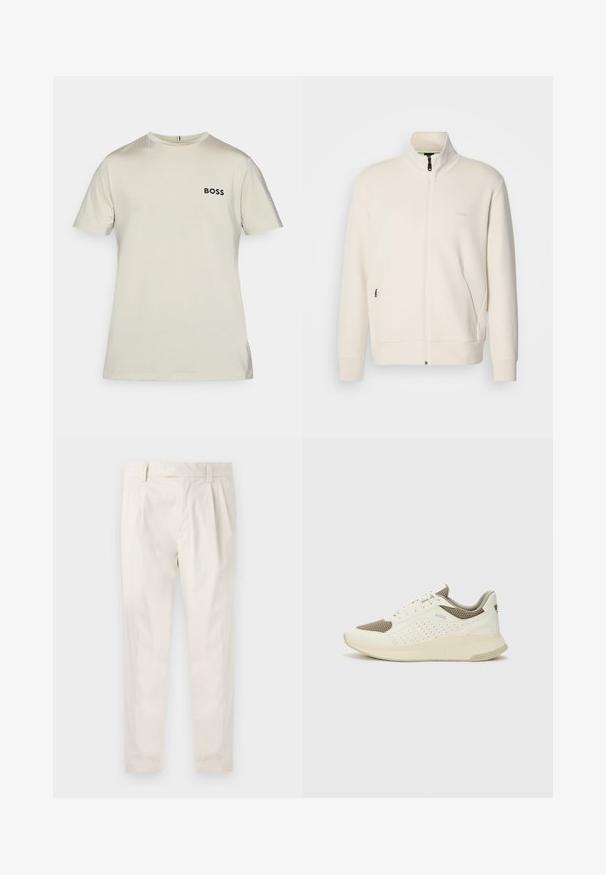 Chaqueta cremosa con cremallera y cuello alzado, mangas largas, bolsillos laterales y un discreto logo de "BOSS" en el lado izquierdo del pecho.; Camiseta de manga corta de color beige claro hecha de una tela suave, que presenta un logo negro de "BOSS" en el pecho y sutiles acentos texturizados.; Pantalones blancos plisados con un ajuste entallado, que presentan una textura suave, pasadores para el cinturón y piernas ajustadas. Sin bolsillos visibles ni patrones.; Zapatilla deportiva en blanco y beige claro, con parte superior de malla, detalles perforados y una mediasuela texturizada con la marca en el talón.