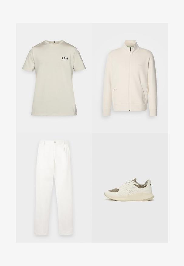 Ζακέτα σε off-white απόχρωση με κλείσιμο φερμουάρ, όρθιο γιακά, μακριά μανίκια, πλάγιες τσέπες και διακριτό λογότυπο "BOSS" στο αριστερό στήθος.; Ανοιχτό μπεζ t-shirt κοντό μανίκι φτιαγμένο από απαλό ύφασμα, με μαύρο λογότυπο "BOSS" στο στήθος και διακριτές υφασμάτινες λεπτομέρειες.; Λευκά παν trousers κατασκευασμένα από μαλακό ύφασμα, με ευθεία σχεδίαση, πτυχές μπροστά και κλείσιμο με ένα κουμπί στη μέση.; Λευκό και ανοιχτό μπεζ αθλητικό παπούτσι, με επάνω μέρος από διχτυωτό υλικό, διακοσμήσεις με περφορέ και υφή στην ενδιάμεση σόλα με επωνυμία στη φτέρνα.