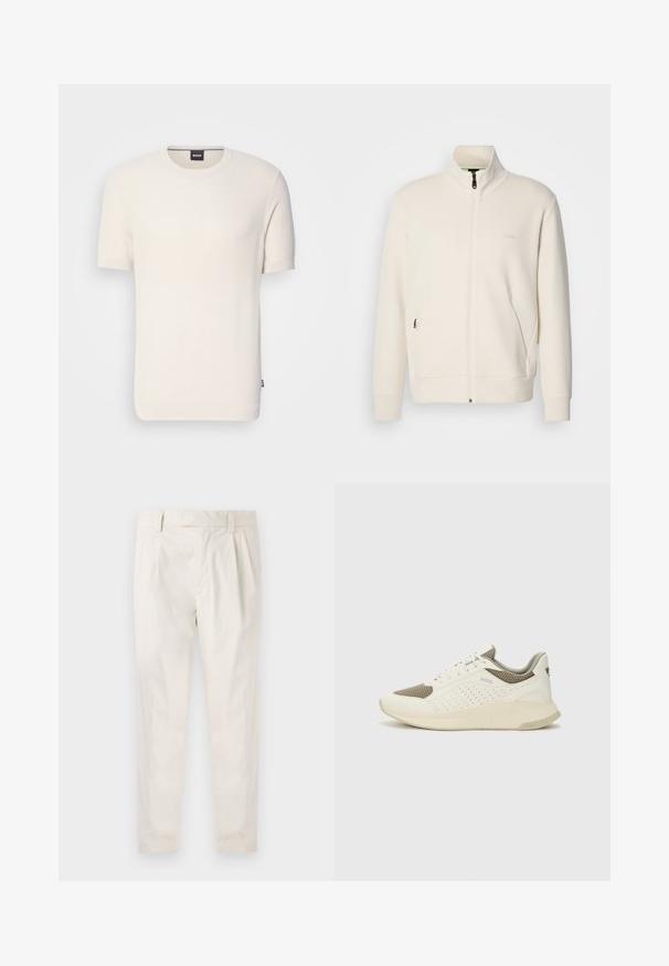Giacca zip-up bianco sporco con colletto alto, maniche lunghe, tasche laterali e sottile logo "BOSS" sul lato sinistro del petto.; T-shirt a maniche corte di colore crema in maglia, con scollatura rotonda, caratterizzato da un tessuto testurizzato e un piccolo tag con logo sull'orlo.; Pantaloni bianchi plissettati con taglio su misura, caratterizzati da una texture liscia, passanti per la cintura e gambe affusolate. Nessuna tasca o motivo visibile.; Sneaker atletica bianca e beige chiaro, con tomaia in mesh, dettagli perforati e una suola intermedia texturizzata con marchio sul tallone.