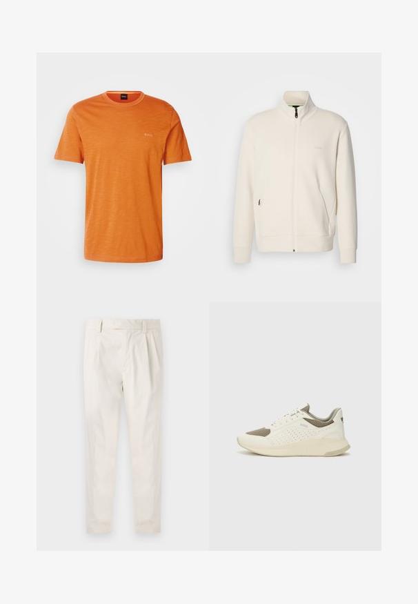 Oficialiai balta zip-up striukė su stovinčia apykakle, ilgomis rankovėmis, šoninėmis kišenėmis ir subtiliu "BOSS" logotipu kairėje krūtinės pusėje.; Trumpa rankovėmis oranžinė marškinė, pagaminta iš minkštos medvilnės, su apvaliu iškirpimu ir subtiliu atitinkamos spalvos 'BOSS' logotipu ant krūtinės.; Balti, susiūtos kelnes, turinčios pritaikytą siluetą, pasižyminčias lygia tekstūra, dirželio kilpomis ir siaurėjančiomis kojomis. Nėra matomų kišenių ar raštų.; Baltas ir šviesiai bežinis sportinis kedas, su tinklo viršumi, perforuotais detalėmis ir tekstūruotu tarpine su logotipu ant kulno.