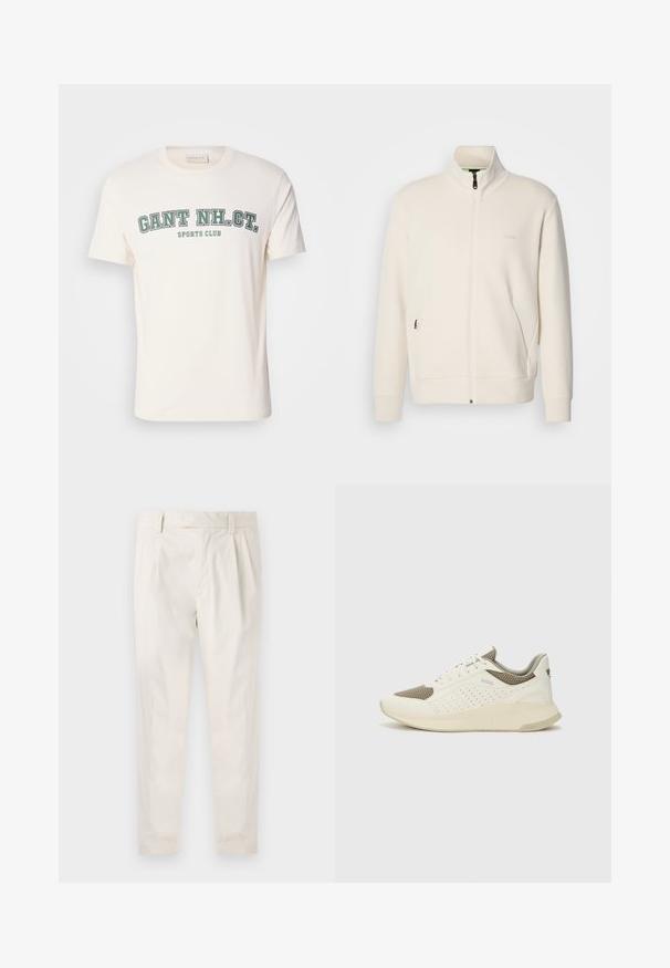 Off-white Zip-Jacke mit Stehkragen, langen Ärmeln, Seitentaschen und dezenter "BOSS"-Logo auf der linken Brust.; Cremefarbene Baumwoll-T-Shirt mit Rundhalsausschnitt und kurzen Ärmeln. Auf der Vorderseite steht "GANT NH. CT." und "SPORTS CLUB" in grüner und schwarzer Schrift.; Weiße, plissierte Hose mit taillierten Schnitt, die eine glatte Textur, Gürtelschlaufen und schmal zulaufende Beine aufweist. Keine sichtbaren Taschen oder Muster.; Weiße und hellbeige Sport Sneakers, ausgestattet mit einem Obermaterial aus Netzgewebe, perforierten Details und einer strukturierten Zwischensohle mit Branding an der Ferse.