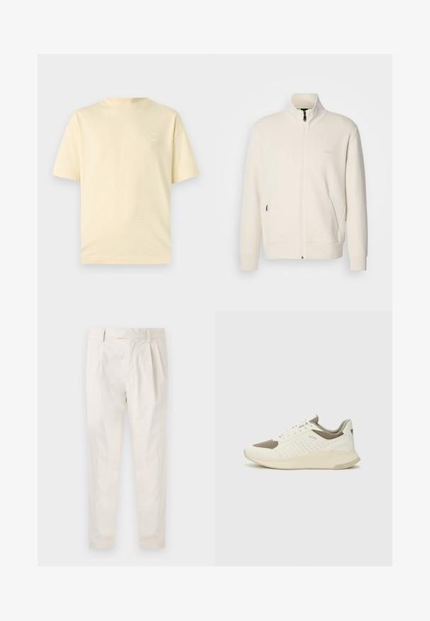 Off-white zip-up jacket with stand collar, long sleeves, side pockets, and subtle "BOSS" logo on the left chest.; Light yellow cotton t-shirt with a round neckline and short sleeves. Features a subtle, printed logo on the left chest.; White, pleated trousers with a tailored fit, featuring a smooth texture, belt loops, and tapered legs. No visible pockets or patterns.; White and light beige athletic sneaker, featuring a mesh upper, perforated detailing, and a textured midsole with branding on the heel.