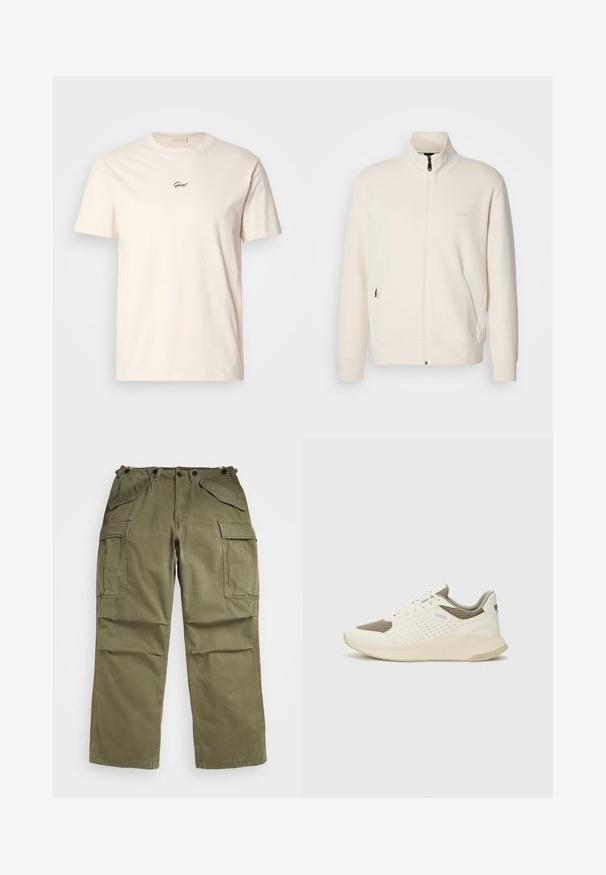 Hosszú ujjú, álló galléros, krémfehér cipzáras dzseki, oldalsó zsebekkel és diszkrét "BOSS" logóval a bal mellrészen.; Tej színű pamut póló rövid ujjakkal és kerek nyakkivágással. Kicsi fekete hímzett logóval a mellrészén. Puha tapintású.; Olíva zöld cargo nadrág, texturált anyagból készült, több elülső és oldalsó zsebbel, valamint megerősített varrásokkal a célnál.; Fehér és világos bézs sportcipő, légies hálós felsőrésszel, perforált részletekkel és texturált középtalppal, amelyen a saroknál a márka logója található.