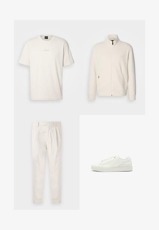 Off-white zip-up jacket with stand collar, long sleeves, side pockets, and subtle "BOSS" logo on the left chest.; BOSS TEE - Basic T-shirt - open white; White, pleated trousers with a tailored fit, featuring a smooth texture, belt loops, and tapered legs. No visible pockets or patterns.; White leather sneaker featuring a textured upper, a round toe, minimalistic design, and a rubber sole with stitched detailing.