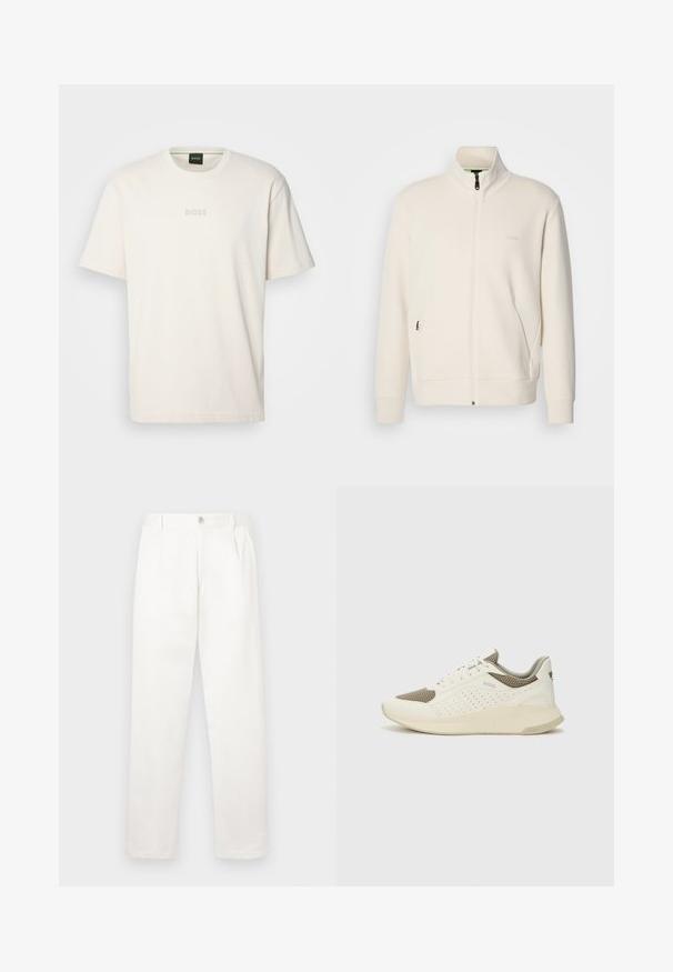 Off-white Zip-Jacke mit Stehkragen, langen Ärmeln, Seitentaschen und dezenter "BOSS"-Logo auf der linken Brust.; BOSS TEE - T-Shirt basic - open white; Weiße Hose aus glattem Gewebe, mit geradem Bein, Vorderfalten und einem einzelnen Knopfverschluss an der Taille.; Weiße und hellbeige Sport Sneakers, ausgestattet mit einem Obermaterial aus Netzgewebe, perforierten Details und einer strukturierten Zwischensohle mit Branding an der Ferse.
