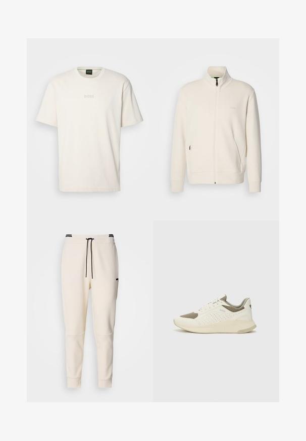 Hosszú ujjú, álló galléros, krémfehér cipzáras dzseki, oldalsó zsebekkel és diszkrét "BOSS" logóval a bal mellrészen.; BOSS TEE - Basic póló - open white; Krém színű jogger nadrág, elasztikus derékkal és húzózsinórral, fekete kiegészítőkkel, tapered (felfelé keskenyedő) lábakkal és oldalsó zsebekkel.; Fehér és világos bézs sportcipő, légies hálós felsőrésszel, perforált részletekkel és texturált középtalppal, amelyen a saroknál a márka logója található.