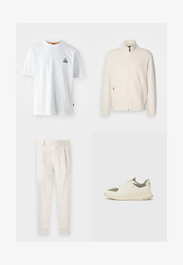 Jachetă crem cu fermoar, cu guler înalt, mâneci lungi, buzunare laterale și logo-ul subtil "BOSS" pe pieptul stâng.; Tricou alb din bumbac, cu decolteu rotund, mâneci scurte și un logo brodat triunghiular în verde și negru pe partea stângă a pieptului.; Pantaloni albi plisati, cu o croială ajustată, având o textură netedă, bucle pentru curea și picioare conice. Fără buzunare vizibile sau modele.; Tenis sportivi alb și bej deschis, cu un înveliș din plasă, detalii perforate și o talpă intermediară texturată, având marcaj pe călcâi.