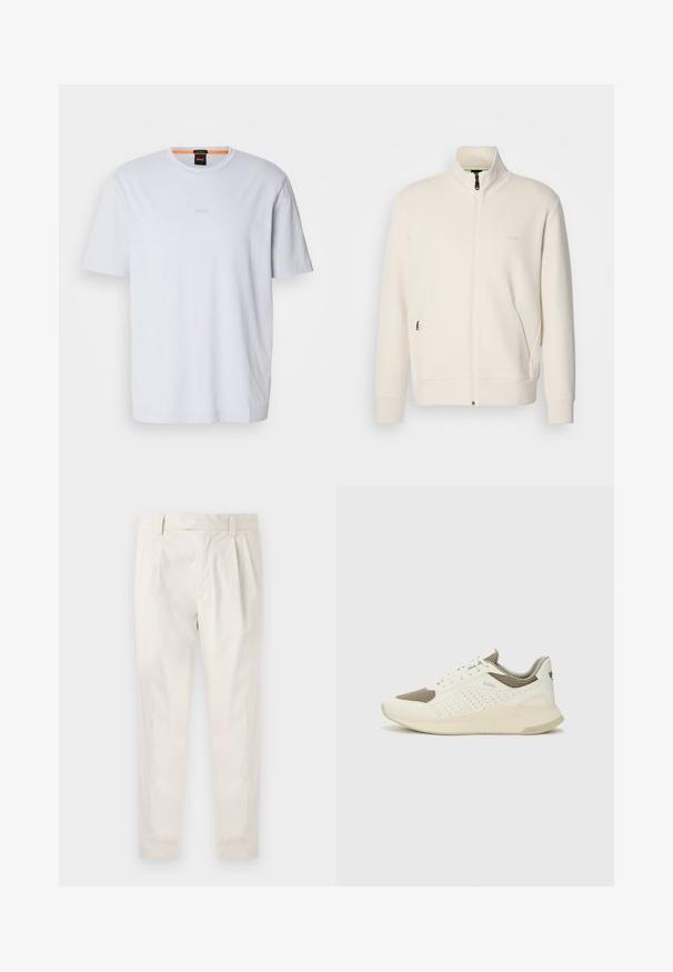 Off-white krūškurvja jaka ar uzacīšu apkakli, garām piedurknēm, sānu kabatām un diskrētu "BOSS" logo uz kreisā krūškurvja.; Balta kokvilnas T-kreklu ar apaļu kaklu, uz kura ir nemanāmi izceltas "BOSS" logo uz krūtīm un īsām piedurknēm. Gluda tekstūra, ikdienas piegriezums.; Baltas, pleitēts bikses ar piegriezumu, kas pielāgots figūrai, ar gludu tekstūru, jostas cilpām un sašaurinātiem galiem. Nav redzamu kabatu vai rakstu.; Baltas un gaiši bež sporta apavi, ar sieta augšdaļu, perforētiem detaļām un teksturētu vidusdaļu ar zīmolu uz papēža.
