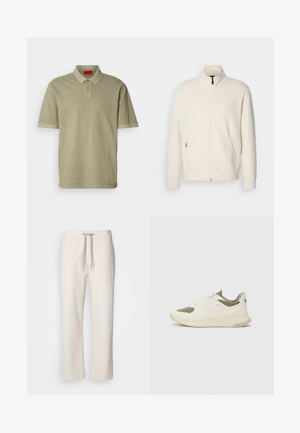 Oficialiai balta zip-up striukė su stovinčia apykakle, ilgomis rankovėmis, šoninėmis kišenėmis ir subtiliu "BOSS" logotipu kairėje krūtinės pusėje.; Khaki polo marškiniai su apykakle, trumpomis rankovėmis ir išsiuvinėtu "HUGO" logotipu ant kairės krūtinės. Lygus medvilnės audinys, minimalistinis dizainas.; Kremo spalvos laisvalaikio kelnės su raišteliu ir tiesiomis kojomis, eksponuojamos ant baltos vienodą fono.; Baltas ir šviesiai bežinis sportinis kedas, su tinklo viršumi, perforuotais detalėmis ir tekstūruotu tarpine su logotipu ant kulno.