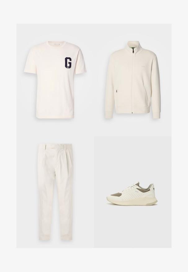 Kurtka zapinana na zamek w kolorze off-white z stójką, długimi rękawami, bocznymi kieszeniami oraz subtelnym logo "BOSS" na lewej piersi.; Biała koszulka z krótkim rękawem i okrągłym dekoltem, z granatową naszywką w kształcie litery "G" po lewej stronie klatki piersiowej.; Białe, plisowane spodnie o dopasowanym kroju, z gładką fakturą, szlufkami na pasek i zwężanymi nogawkami. Brak widocznych kieszeni lub wzorów.; Białe i jasnobeżowe sneakersy sportowe, z siateczkową cholewką, perforowanymi detalami oraz teksturowaną podeszwą śródstopia z brandingiem na pięcie.