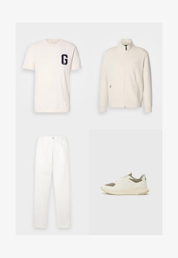 Valkoinen vetoketjullinen takki, jossa on pystykaulus, pitkät hihat, sivutaskut ja huomaamaton "BOSS"-logo vasemmassa rinnassa.; Valkoinen lyhythihainen crew-neck t-paita, jossa on tummansininen "G" -patsas vasemmassa rinnassa.; Valkeat housut, jotka on valmistettu sileästä kankaasta, suoran lahkeiden muotoilun, etupleettien ja vyötäröllä olevan yksittäisen nappikiinnityksen kanssa.; Valkoinen ja vaaleanbeige urheilukengät, joissa on verkkomateriaali yläosa, rei'itettyjä yksityiskohtia ja teksturoitu välipohja, jossa on brändäys kantapäässä.