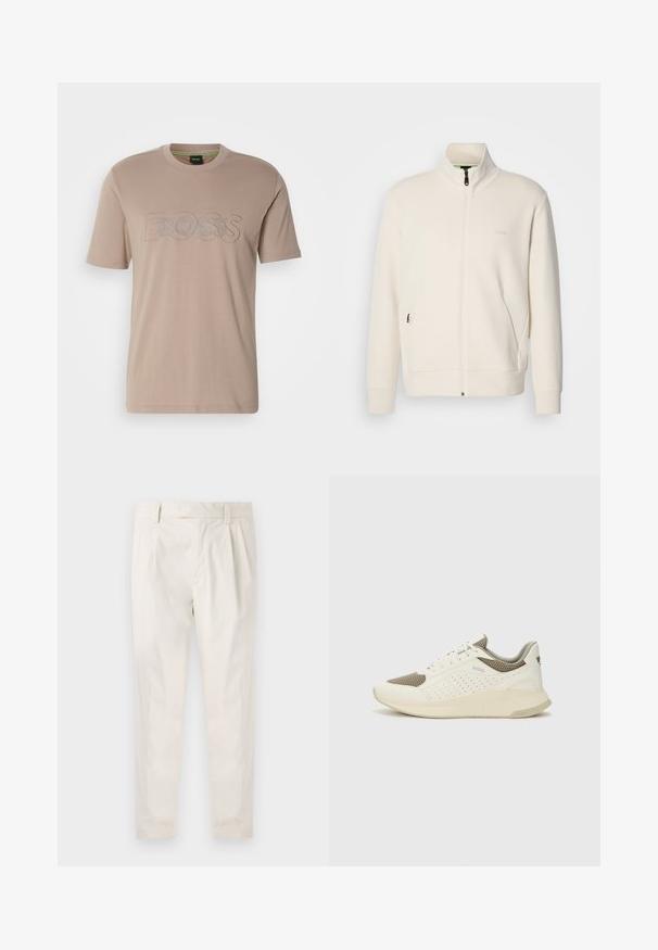 Krémová zipová bunda s vysokým límcem, dlouhými rukávy, bočními kapsami a jemným logem "BOSS" na levé části hrudi.; Beige bavlněné tričko s krátkým rukávem a kulatým výstřihem, které na přední straně zdobí reliéfní logo "BOSS" s kontrastní strukturou.; Bílé, plisované kalhoty s upraveným střihem, které mají hladkou texturu, poutka na opasek a zúžené nohavice. Bez viditelných kapes nebo vzorů.; Bílé a světle béžové atletické tenisky, které mají síťovaný svršek, perforované detaily a texturovanou mezipodešev s logem na patě.