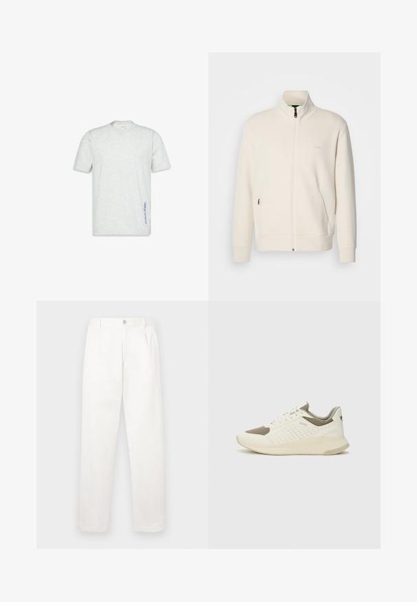 Oficialiai balta zip-up striukė su stovinčia apykakle, ilgomis rankovėmis, šoninėmis kišenėmis ir subtiliu "BOSS" logotipu kairėje krūtinės pusėje.; Šviesiai pilkas trumpomis rankovėmis marškinėliai su apvalia iškirpte ir vertikaliu mėlynu "Calvin Klein" logotipu žemiau siūlės.; Balti kelni, pagaminti iš lygaus audinio, turi tiesią kojos konstrukciją, priekinę klostę ir vieną mygtuką juosmens srityje.; Baltas ir šviesiai bežinis sportinis kedas, su tinklo viršumi, perforuotais detalėmis ir tekstūruotu tarpine su logotipu ant kulno.