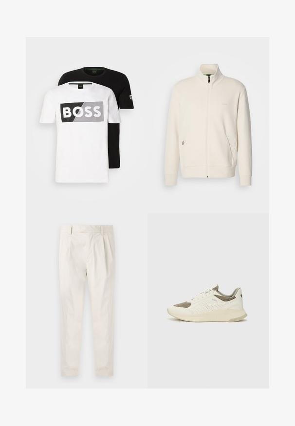 Jakna boje off-white s patentnim zatvaračem, stajaćim ovratnikom, dugim rukavima, bočnim džepovima i suptilnim logotipom "BOSS" na lijevoj strani prsnog koša.; Dva pamučna T-shirta: jedan bijeli s crnim logom "BOSS", drugi crni s zelenim detaljima na ovratniku. Jednostavan dizajn s okruglim izrezom.; Bijele, naborane hlače s krojem po mjeri, koje imaju glatku teksturu, petlje za pojas i sužene nogavice. Nema vidljivih džepova ili uzoraka.; Bijele i svijetlosmeđe sportske tenisice, sa mrežastim gornjim dijelom, perforiranim detaljima i teksturiranim međutrakom sa brendom na peti.
