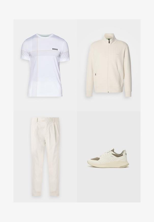 Casaco com fecho éclair em tom off-white, com colarinho elevado, mangas longas, bolsos laterais e um discreto logótipo "BOSS" no lado esquerdo do peito.; T-shirt atlético branco com mangas curtas, apresentando um logo preto "BOSS" e finas linhas laranja e cinza atravessando a frente. Textura suave.; Calças brancas pregueadas com um corte ajustado, apresentando uma textura suave, passantes de cinto e pernas afuniladas. Sem bolsos visíveis ou padrões.; Sapatilha atlética branca e bege claro, com parte superior em malha, detalhes perfurados e uma entressola texturizada com marcação no calcanhar.