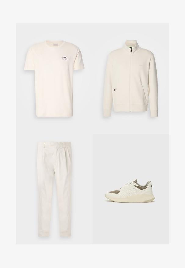 Off-white Zip-Jacke mit Stehkragen, langen Ärmeln, Seitentaschen und dezenter "BOSS"-Logo auf der linken Brust.; Cremefarbenes Baumwoll-T-Shirt mit Rundhalsausschnitt, kurzen Ärmeln und einem kleinen navyblauen Druck auf der Brust mit der Aufschrift "GANT 32 EAST 39TH ST. NEW YORK."; Weiße, plissierte Hose mit taillierten Schnitt, die eine glatte Textur, Gürtelschlaufen und schmal zulaufende Beine aufweist. Keine sichtbaren Taschen oder Muster.; Weiße und hellbeige Sport Sneakers, ausgestattet mit einem Obermaterial aus Netzgewebe, perforierten Details und einer strukturierten Zwischensohle mit Branding an der Ferse.