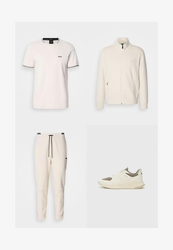 Off-white Zip-Jacke mit Stehkragen, langen Ärmeln, Seitentaschen und dezenter "BOSS"-Logo auf der linken Brust.; Helles rosa T-Shirt aus Baumwolle. Rundhalsausschnitt mit kontrastierendem schwarzen Rippenbesatz. Kleines schwarzes "BOSS"-Logo auf der Brust. Kurze Ärmel.; Cremfarbene Jogginghosen mit einem elastischen Bund und Kordelzug, schwarzen Akzenten, schmal zulaufenden Beinen und seitlichen Taschen.; Weiße und hellbeige Sport Sneakers, ausgestattet mit einem Obermaterial aus Netzgewebe, perforierten Details und einer strukturierten Zwischensohle mit Branding an der Ferse.