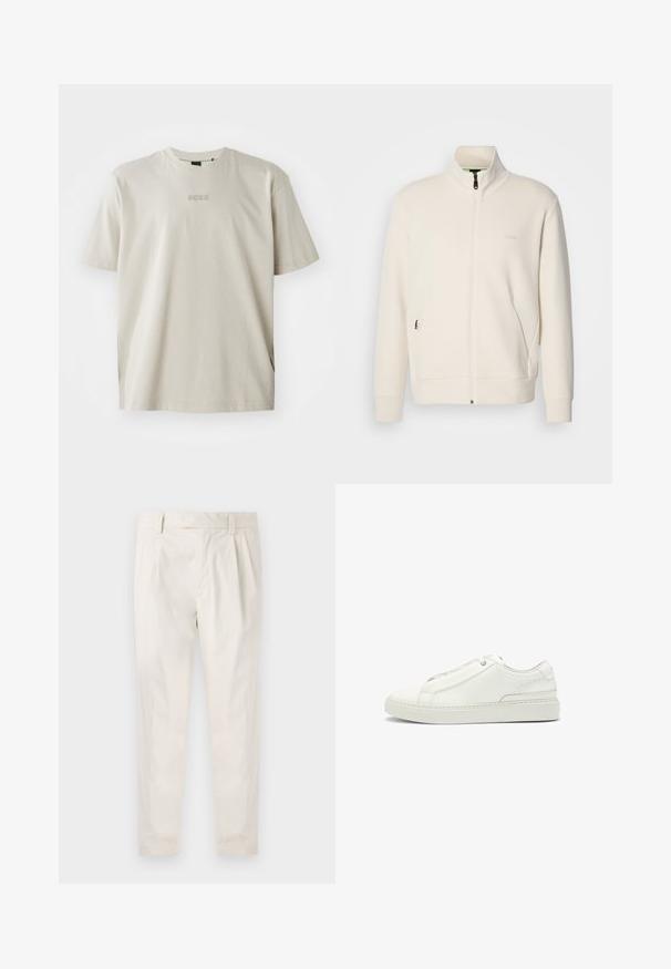 Giacca zip-up bianco sporco con colletto alto, maniche lunghe, tasche laterali e sottile logo "BOSS" sul lato sinistro del petto.; T-shirt in cotone beige con scollo rotondo e maniche corte. Presenta un logo "BOSS" in rilievo sul petto. Texture liscia, vestibilità comoda.; Pantaloni bianchi plissettati con taglio su misura, caratterizzati da una texture liscia, passanti per la cintura e gambe affusolate. Nessuna tasca o motivo visibile.; Sneaker bianca in pelle con tomaia testurizzata, punta tonda, design minimalista e suola in gomma con dettagli cuciti.