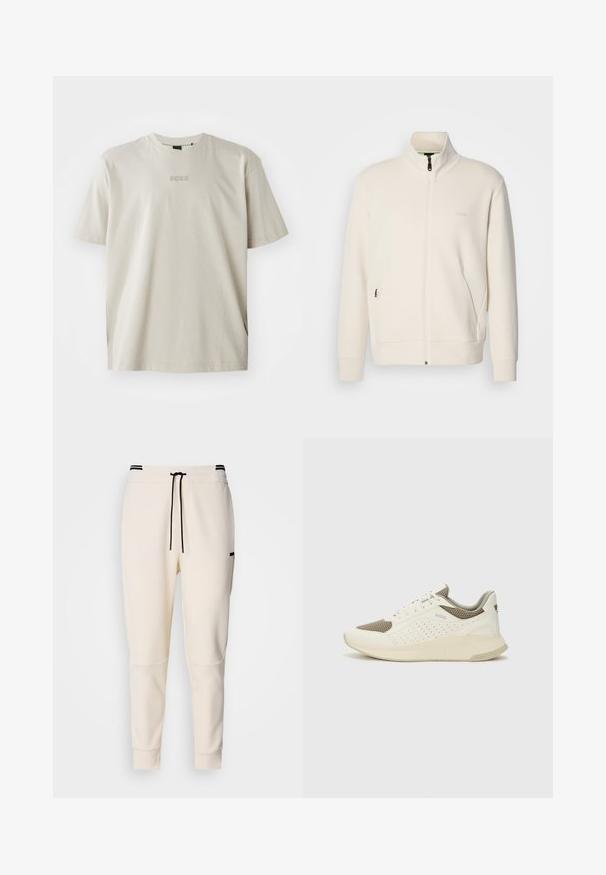 Hosszú ujjú, álló galléros, krémfehér cipzáras dzseki, oldalsó zsebekkel és diszkrét "BOSS" logóval a bal mellrészen.; Beige pamut póló kerek nyakkivágással és rövid ujjakkal. A mellkast egy domború "BOSS" logó díszíti. Simaság jellemzi, laza szabású.; Krém színű jogger nadrág, elasztikus derékkal és húzózsinórral, fekete kiegészítőkkel, tapered (felfelé keskenyedő) lábakkal és oldalsó zsebekkel.; Fehér és világos bézs sportcipő, légies hálós felsőrésszel, perforált részletekkel és texturált középtalppal, amelyen a saroknál a márka logója található.