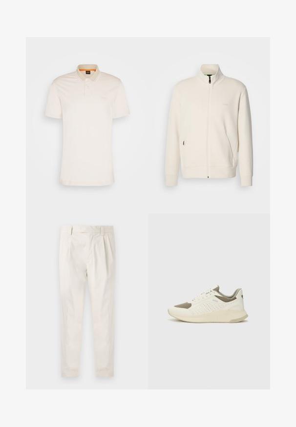 Krémová zipová bunda s vysokým límcem, dlouhými rukávy, bočními kapsami a jemným logem "BOSS" na levé části hrudi.; Pánská polo tričko s krátkým rukávem v světle béžové barvě vyrobené z bavlny, s límečkem na dva knoflíky, diskrétním logem a kontrastními pruhy na límci.; Bílé, plisované kalhoty s upraveným střihem, které mají hladkou texturu, poutka na opasek a zúžené nohavice. Bez viditelných kapes nebo vzorů.; Bílé a světle béžové atletické tenisky, které mají síťovaný svršek, perforované detaily a texturovanou mezipodešev s logem na patě.