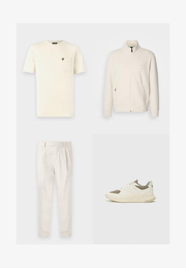 Off-white zip-up jacket with stand collar, long sleeves, side pockets, and subtle "BOSS" logo on the left chest.; Cream-colored cotton T-shirt with a round neckline, short sleeves, and a left chest pocket featuring a small butterfly embroidery detail.; White, pleated trousers with a tailored fit, featuring a smooth texture, belt loops, and tapered legs. No visible pockets or patterns.; White and light beige athletic sneaker, featuring a mesh upper, perforated detailing, and a textured midsole with branding on the heel.