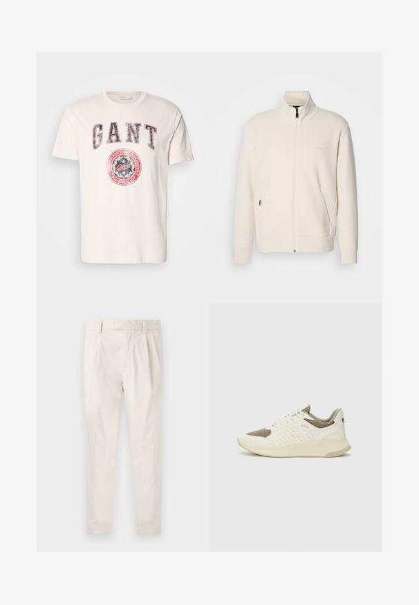 Off-white Zip-Jacke mit Stehkragen, langen Ärmeln, Seitentaschen und dezenter "BOSS"-Logo auf der linken Brust.; Cremefarbendes Baumwoll-T-Shirt mit kurzen Ärmeln. Mit auffälligem roten und blauen "GANT"-Schriftzug und einem runden Logo-Graphic mit "gegründet 1949."; Weiße, plissierte Hose mit taillierten Schnitt, die eine glatte Textur, Gürtelschlaufen und schmal zulaufende Beine aufweist. Keine sichtbaren Taschen oder Muster.; Weiße und hellbeige Sport Sneakers, ausgestattet mit einem Obermaterial aus Netzgewebe, perforierten Details und einer strukturierten Zwischensohle mit Branding an der Ferse.