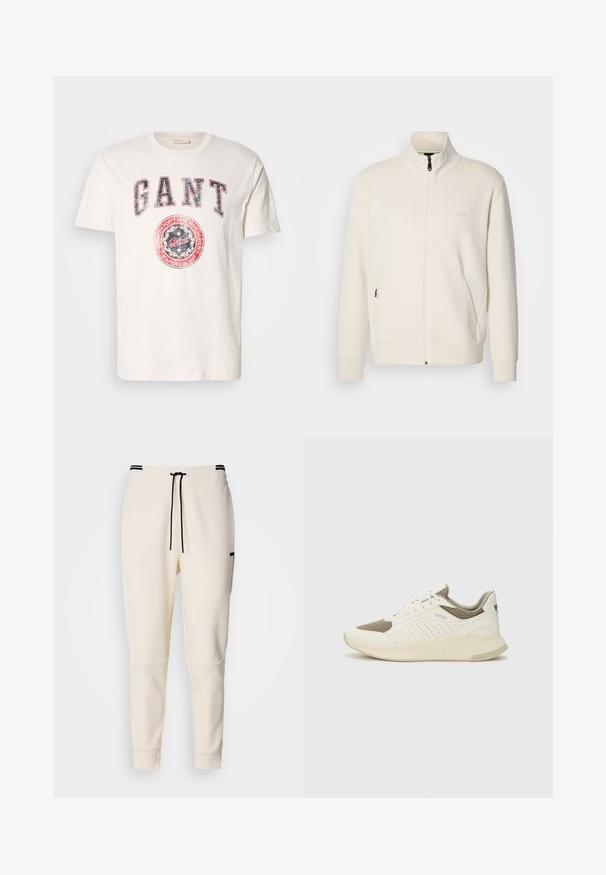 Off-white zip-up jakke med stående krage, lange ermer, sidelommer og diskré "BOSS" logo på venstre bryst.; Kremfarget bomull t-skjorte med korte ermer. Har fet rød og blå "GANT" tekst og et sirkulært logo med teksten "grunnlagt i 1949."; Kremfargede joggebukser med elastisk liv med snøring, svarte detaljer, innsnevrede ben og sidelommer.; Hvit og lysebeige treningssko, med en mesh-overdel, perforerte detaljer og en teksturert mellomsåle med merkevare på hælen.