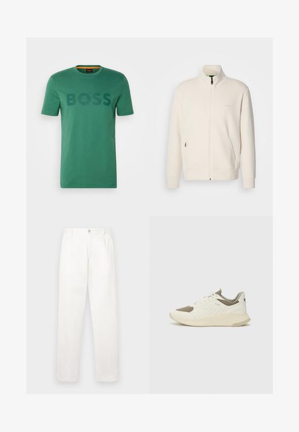 Krémová zipová bunda s vysokým límcem, dlouhými rukávy, bočními kapsami a jemným logem "BOSS" na levé části hrudi.; Zelené bavlněné tričko s krátkými rukávy a kulatým výstřihem, na hrudi s textem "BOSS" v tmavě zelené barvě.; Bílé kalhoty vyrobené z hladké tkaniny, s rovnými nohavicemi, předními sklady a jedním knoflíkem na zavírání v pase.; Bílé a světle béžové atletické tenisky, které mají síťovaný svršek, perforované detaily a texturovanou mezipodešev s logem na patě.