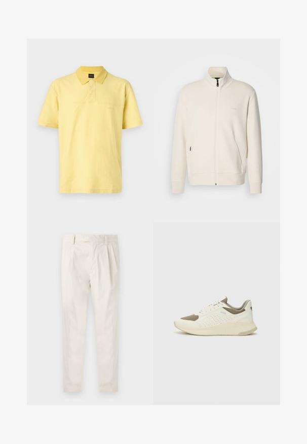 Kurtka zapinana na zamek w kolorze off-white z stójką, długimi rękawami, bocznymi kieszeniami oraz subtelnym logo "BOSS" na lewej piersi.; Żółta koszulka polo wykonana z bawełny, z zapięciem na guziki przy kołnierzy, krótkimi rękawami oraz subtelnym haftowanym logo na piersi.; Białe, plisowane spodnie o dopasowanym kroju, z gładką fakturą, szlufkami na pasek i zwężanymi nogawkami. Brak widocznych kieszeni lub wzorów.; Białe i jasnobeżowe sneakersy sportowe, z siateczkową cholewką, perforowanymi detalami oraz teksturowaną podeszwą śródstopia z brandingiem na pięcie.