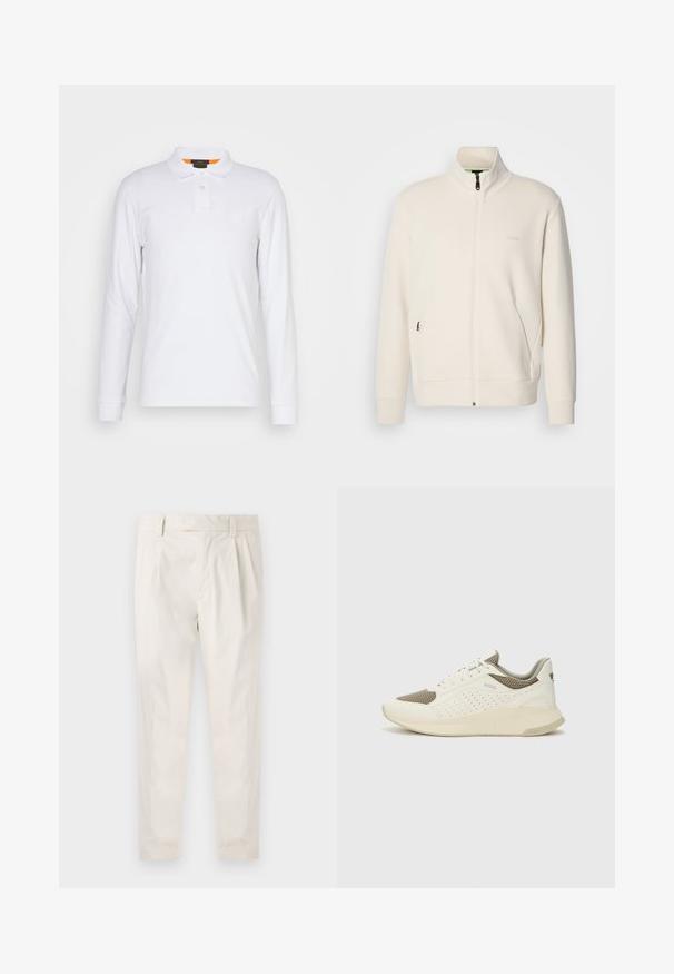 Off-white zip-up jacka med ståkrage, långa ärmar, sidofickor och subtil "BOSS"-logotyp på vänster bröst.; Vit långärmad polo skjorta av bomull, med spetskrage, tvåknappsstängning och en liten logotyp på bröstet. Orange accent innanför kragen.; Vita, plisserade byxor med skräddarsydd passform, med en mjuk yta, bälteshängare och avsmalnande ben. Inga synliga fickor eller mönster.; Vit och ljusbeige atletisk sneaker med ett meshöverdrag, perforerade detaljer och en texturerad mellansula med varumärke på hälen.