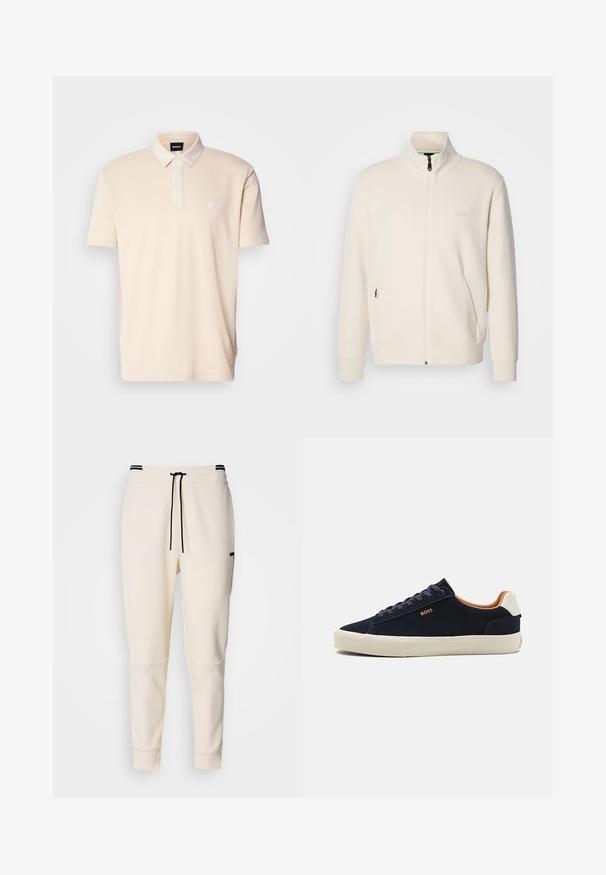 Oficialiai balta zip-up striukė su stovinčia apykakle, ilgomis rankovėmis, šoninėmis kišenėmis ir subtiliu "BOSS" logotipu kairėje krūtinės pusėje.; Šviesiai smėlio spalvos medvilninė polo marškinėliai trumpomis rankovėmis, su mygtukų užsegimu ant apykaklės ir mažu siuvinėtu logotipu kairiajame krūtinės pusėje. Standartinio silueto.; Sviestinės spalvos džinsai su elastine juostele ir raišteliu, juodais akcentais, siaurėjančiomis kojomis ir šoninėmis kišenėmis.; Tamsiai mėlynos suknelės odos žemi batai su smėlio spalvos padu, kontrastuojančia tan spalvos vidine dalimi ir logotipo detalėmis išorinėje pusėje. Savybės: apvalios raišteliai ir lygi tekstūra.