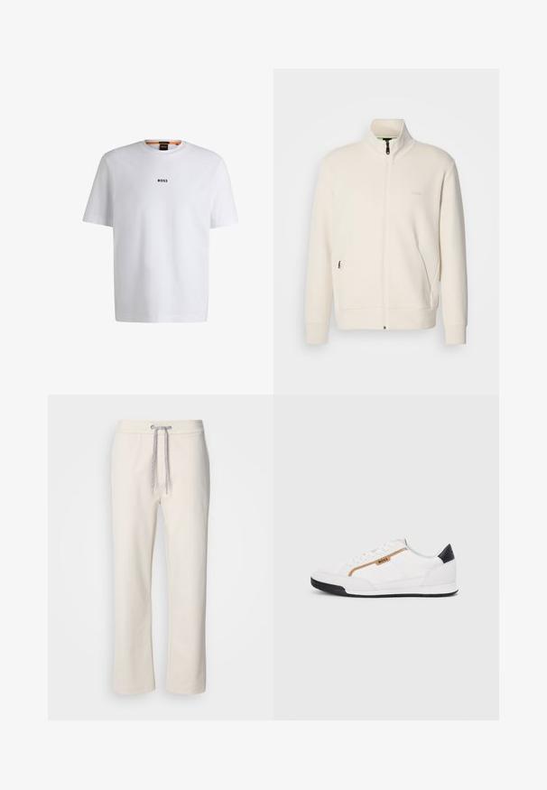 Casaco com fecho éclair em tom off-white, com colarinho elevado, mangas longas, bolsos laterais e um discreto logótipo "BOSS" no lado esquerdo do peito.; T-shirt de algodão branca com mangas curtas, apresentando um logo preto "BOSS" centrado no peito e um design de gola redonda.; Calças casuais de cor cremosa com cintura elástica e pernas retas, exibidas sobre um fundo branco liso.; Tênis atléticos brancos com detalhes em malha e couro. Apresenta um logotipo dourado "BOSS", painéis laterais texturizados e um capô de calcanhar preto. Sola em borracha.