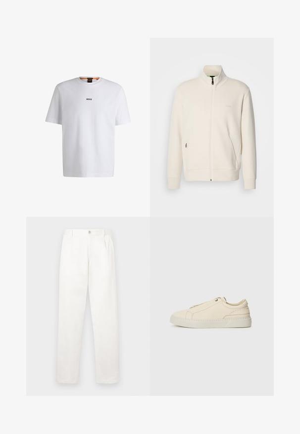 Casaco com fecho éclair em tom off-white, com colarinho elevado, mangas longas, bolsos laterais e um discreto logótipo "BOSS" no lado esquerdo do peito.; T-shirt de algodão branca com mangas curtas, apresentando um logo preto "BOSS" centrado no peito e um design de gola redonda.; Calças brancas feitas de um tecido suave, com um design de perna reta, pregas frontais e um fecho de botão único na cintura.; Sneakers de pele bege com biqueira arredondada, design minimalista, detalhes de costura subtis e parte superior texturizada, em sola clara.