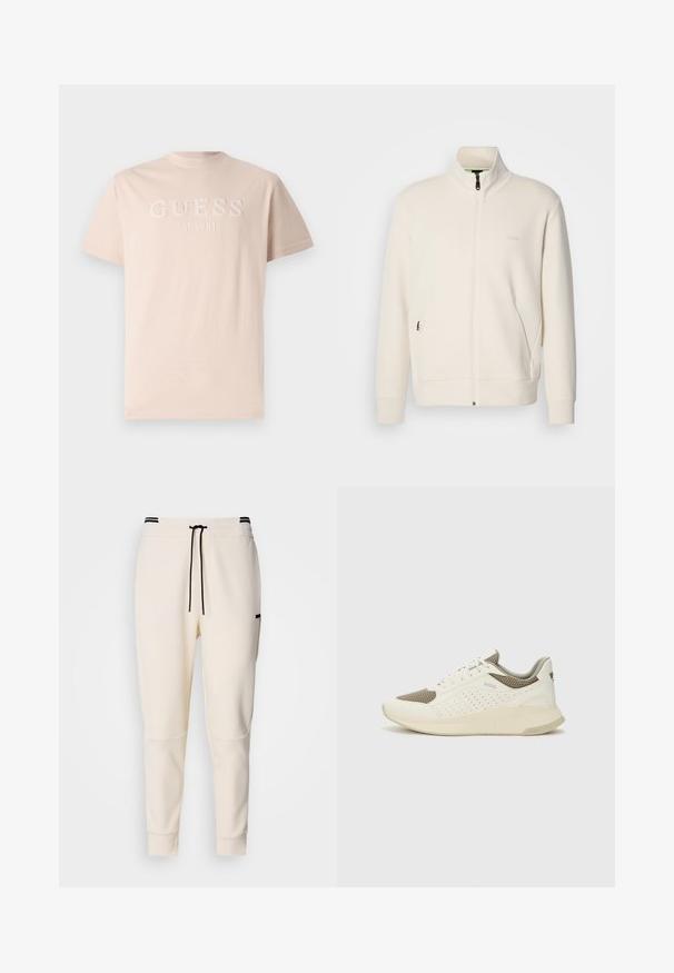 Chaqueta cremosa con cremallera y cuello alzado, mangas largas, bolsillos laterales y un discreto logo de "BOSS" en el lado izquierdo del pecho.; Camiseta de algodón de color rosa claro con un logotipo bordado de "GUESS" y el detalle "EST. 1981" en el frente, con un cuello redondo clásico y mangas cortas.; Pantalones jogger de color crema con cintura elástica y cordón, detalles en negro, piernas ajustadas y bolsillos laterales.; Zapatilla deportiva en blanco y beige claro, con parte superior de malla, detalles perforados y una mediasuela texturizada con la marca en el talón.