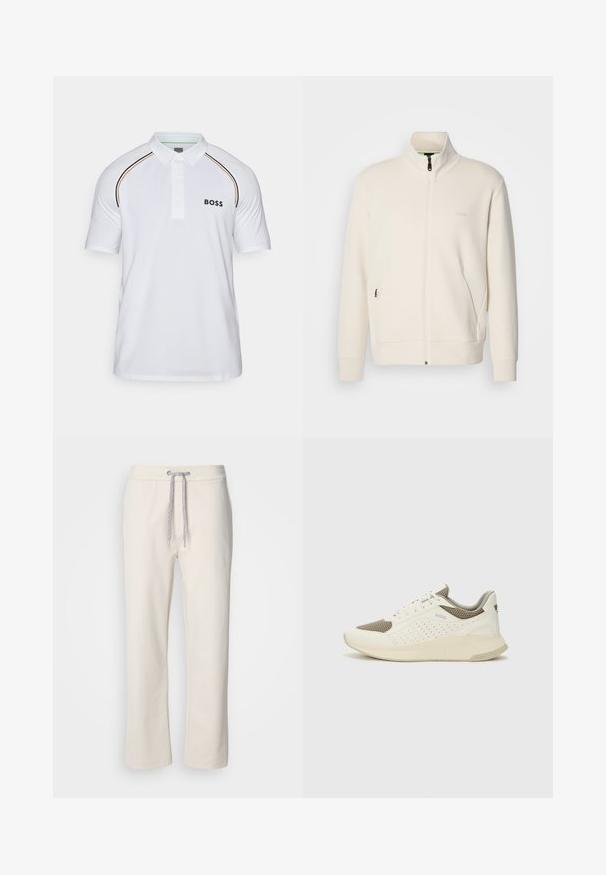 Casaco com fecho éclair em tom off-white, com colarinho elevado, mangas longas, bolsos laterais e um discreto logótipo "BOSS" no lado esquerdo do peito.; Camisa polo branca feita de tecido suave. Apresenta uma pala com botões, mangas curtas e o logótipo preto "BOSS" no lado esquerdo do peito. Listras em contraste.; Calças casuais de cor cremosa com cintura elástica e pernas retas, exibidas sobre um fundo branco liso.; Sapatilha atlética branca e bege claro, com parte superior em malha, detalhes perfurados e uma entressola texturizada com marcação no calcanhar.