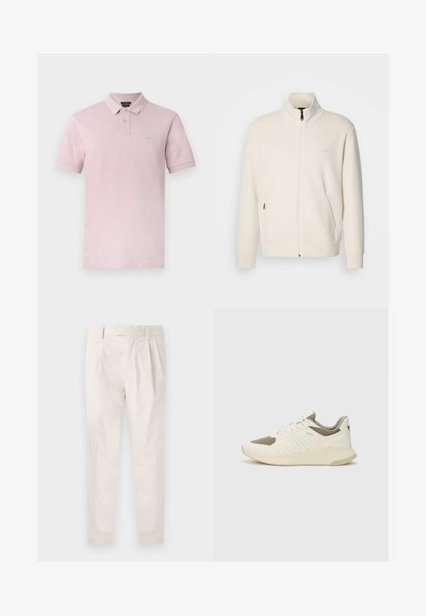 Off-white krūškurvja jaka ar uzacīšu apkakli, garām piedurknēm, sānu kabatām un diskrētu "BOSS" logo uz kreisā krūškurvja.; Gaiši rozā īsroku polo krekls ar divām pogām, nelielu krūšu logotipa plāksteri un klasisku apkakli uz balta fona.; Baltas, pleitēts bikses ar piegriezumu, kas pielāgots figūrai, ar gludu tekstūru, jostas cilpām un sašaurinātiem galiem. Nav redzamu kabatu vai rakstu.; Baltas un gaiši bež sporta apavi, ar sieta augšdaļu, perforētiem detaļām un teksturētu vidusdaļu ar zīmolu uz papēža.