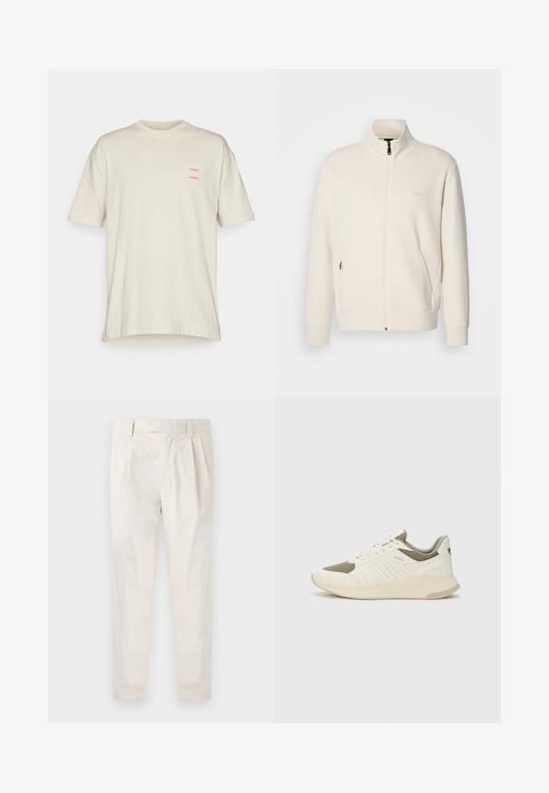 Off-white Zip-Jacke mit Stehkragen, langen Ärmeln, Seitentaschen und dezenter "BOSS"-Logo auf der linken Brust.; Beige Baumwoll-T-Shirt mit lockerer Passform, Rundhalsausschnitt und kurzen Ärmeln. Doppelte rote "SAMSØE"-Textakzente auf der linken Brust.; Weiße, plissierte Hose mit taillierten Schnitt, die eine glatte Textur, Gürtelschlaufen und schmal zulaufende Beine aufweist. Keine sichtbaren Taschen oder Muster.; Weiße und hellbeige Sport Sneakers, ausgestattet mit einem Obermaterial aus Netzgewebe, perforierten Details und einer strukturierten Zwischensohle mit Branding an der Ferse.