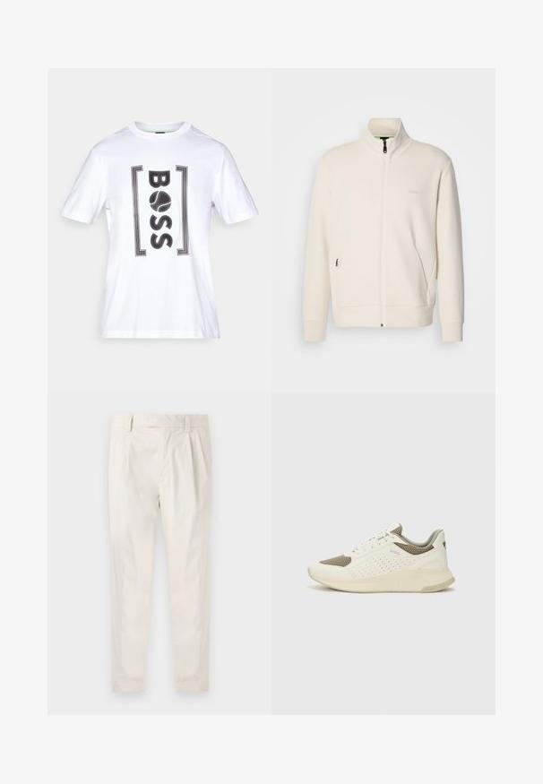 Valkoinen vetoketjullinen takki, jossa on pystykaulus, pitkät hihat, sivutaskut ja huomaamaton "BOSS"-logo vasemmassa rinnassa.; Valkoinen puuvillainen t-paita lyhyillä hihoilla, jossa on rohkea musta "BOSS" -logo, joka on rajattu suorakulmaisiin yksityiskohtiin. Sileä tekstuuri, ympäri kaulusta.; Valkoiset, laskostetut housut, joissa on räätälöity istuvuus. Housut ovat sileäpintaiset, niissä on vyölenkit ja kapenevat lahkeet. Ei näkyviä taskuja tai kuvioita.; Valkoinen ja vaaleanbeige urheilukengät, joissa on verkkomateriaali yläosa, rei'itettyjä yksityiskohtia ja teksturoitu välipohja, jossa on brändäys kantapäässä.