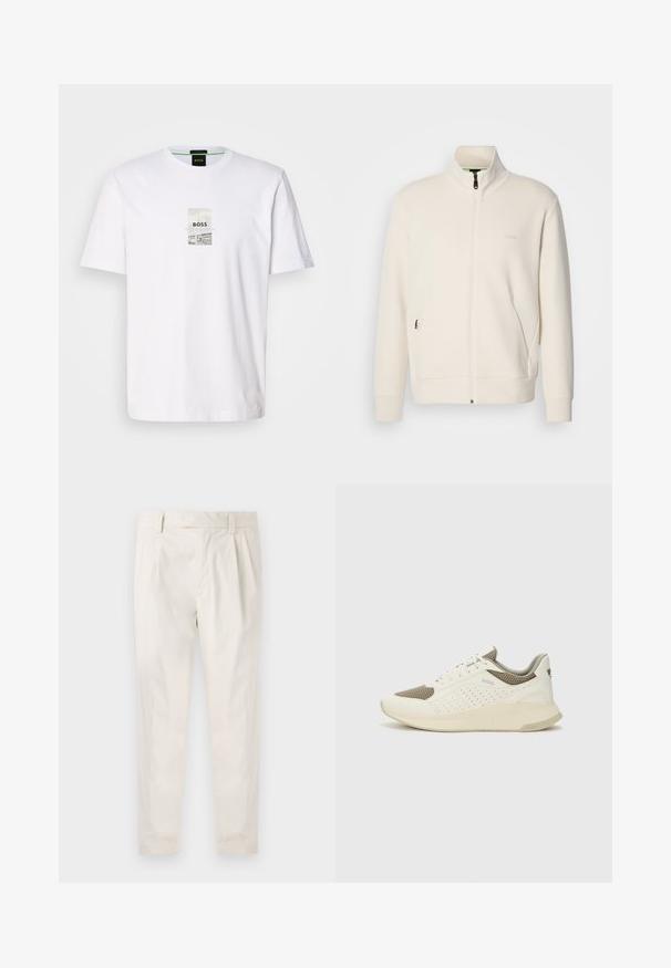 Kurtka zapinana na zamek w kolorze off-white z stójką, długimi rękawami, bocznymi kieszeniami oraz subtelnym logo "BOSS" na lewej piersi.; Biała bawełniana koszulka z krótkim rękawem z prostokątnym nadrukiem, na którym znajduje się napis "BOSS", niebieska linia oraz monochromatyczny obrazek. Klasyczny krój z okrągłym dekoltem.; Białe, plisowane spodnie o dopasowanym kroju, z gładką fakturą, szlufkami na pasek i zwężanymi nogawkami. Brak widocznych kieszeni lub wzorów.; Białe i jasnobeżowe sneakersy sportowe, z siateczkową cholewką, perforowanymi detalami oraz teksturowaną podeszwą śródstopia z brandingiem na pięcie.