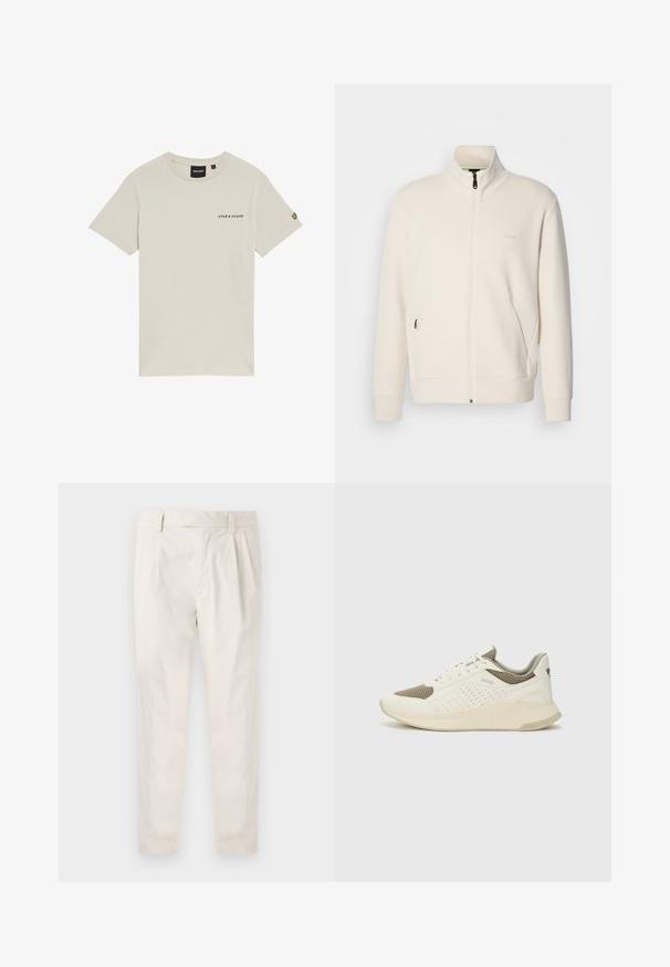 Kurtka zapinana na zamek w kolorze off-white z stójką, długimi rękawami, bocznymi kieszeniami oraz subtelnym logo "BOSS" na lewej piersi.; Beżowa bawełniana koszulka z okrągłym dekoltem, krótkim rękawem i małym nadrukowanym logo "LYLE & SCOTT" na piersi. Posiada haftowane logo na rękawie.; Białe, plisowane spodnie o dopasowanym kroju, z gładką fakturą, szlufkami na pasek i zwężanymi nogawkami. Brak widocznych kieszeni lub wzorów.; Białe i jasnobeżowe sneakersy sportowe, z siateczkową cholewką, perforowanymi detalami oraz teksturowaną podeszwą śródstopia z brandingiem na pięcie.