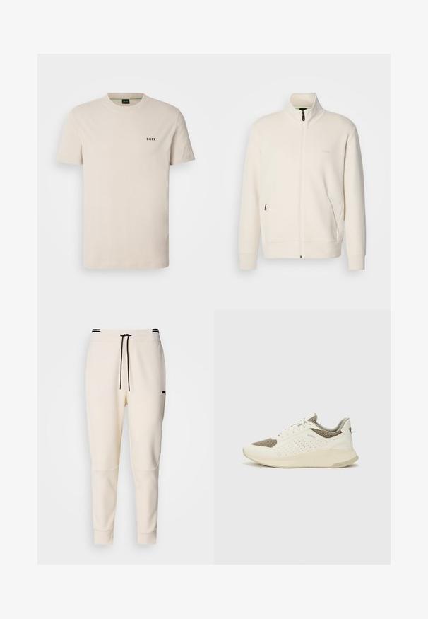Off-white Zip-Jacke mit Stehkragen, langen Ärmeln, Seitentaschen und dezenter "BOSS"-Logo auf der linken Brust.; Beige Baumwoll T-Shirt mit Rundhalsausschnitt und kurzen Ärmeln. Has einen kleinen schwarzen "BOSS"-Aufdruck auf der linken Brust. Glatte Textur.; Cremfarbene Jogginghosen mit einem elastischen Bund und Kordelzug, schwarzen Akzenten, schmal zulaufenden Beinen und seitlichen Taschen.; Weiße und hellbeige Sport Sneakers, ausgestattet mit einem Obermaterial aus Netzgewebe, perforierten Details und einer strukturierten Zwischensohle mit Branding an der Ferse.