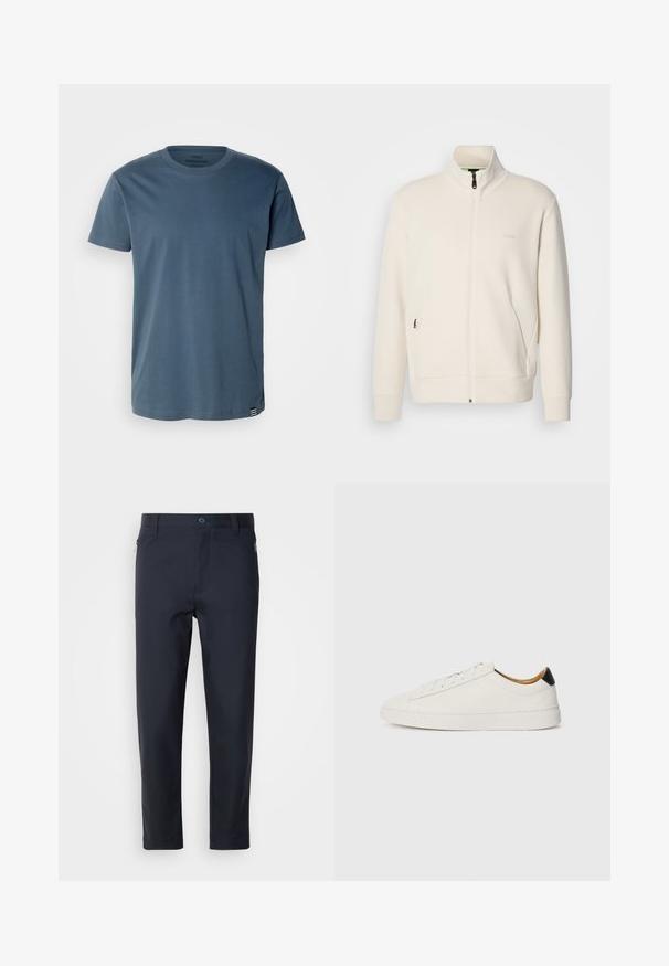Hosszú ujjú, álló galléros, krémfehér cipzáras dzseki, oldalsó zsebekkel és diszkrét "BOSS" logóval a bal mellrészen.; Mads Nørgaard THOR TEE - Basic póló - midnight navy; Sötétkék, sima anyagból készült, testre szabott nadrág, cipzáros zsebbel, egyenes lábakkal és gombos záródással a derék részen.; Fehér sportcipő sima bőr felsőrésszel, kerek orral és lapos talppal. Fekete akcentus a saroknál, tonális fűzőkkel és minimális márkajelzéssel.