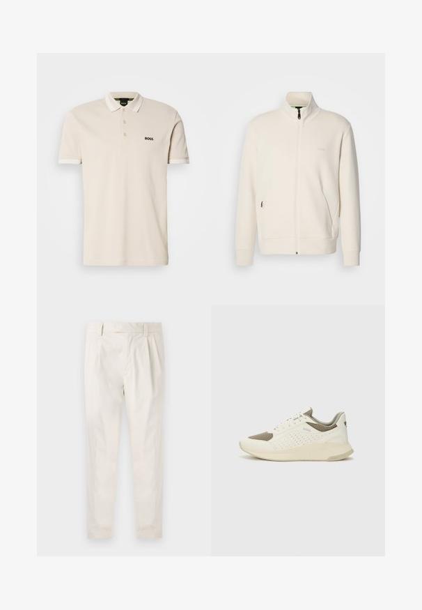 Off-white zip-up jacka med ståkrage, långa ärmar, sidofickor och subtil "BOSS"-logotyp på vänster bröst.; Beige polotröja med krage, tre knapprad och broderad svart logotyp på vänster bröst. Korta ärmar med vita detaljer.; Vita, plisserade byxor med skräddarsydd passform, med en mjuk yta, bälteshängare och avsmalnande ben. Inga synliga fickor eller mönster.; Vit och ljusbeige atletisk sneaker med ett meshöverdrag, perforerade detaljer och en texturerad mellansula med varumärke på hälen.
