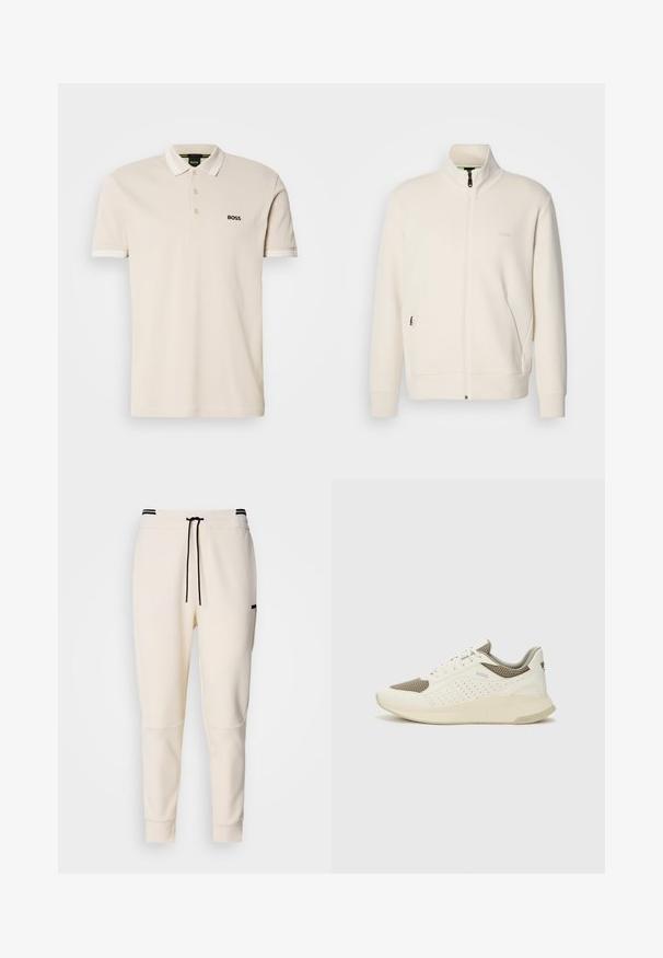 Krémová zipová bunda s vysokým límcem, dlouhými rukávy, bočními kapsami a jemným logem "BOSS" na levé části hrudi.; Beige polo tričko s límečkem, tříknoflíkovým zapínáním a vyšitým černým logem na levé hrudi. Krátké rukávy s bílými akcenty.; Krémové joggingové kalhoty s elastickým pasem na šňůrku, černými akcenty, zúženými nohavicemi a bočními kapsami.; Bílé a světle béžové atletické tenisky, které mají síťovaný svršek, perforované detaily a texturovanou mezipodešev s logem na patě.